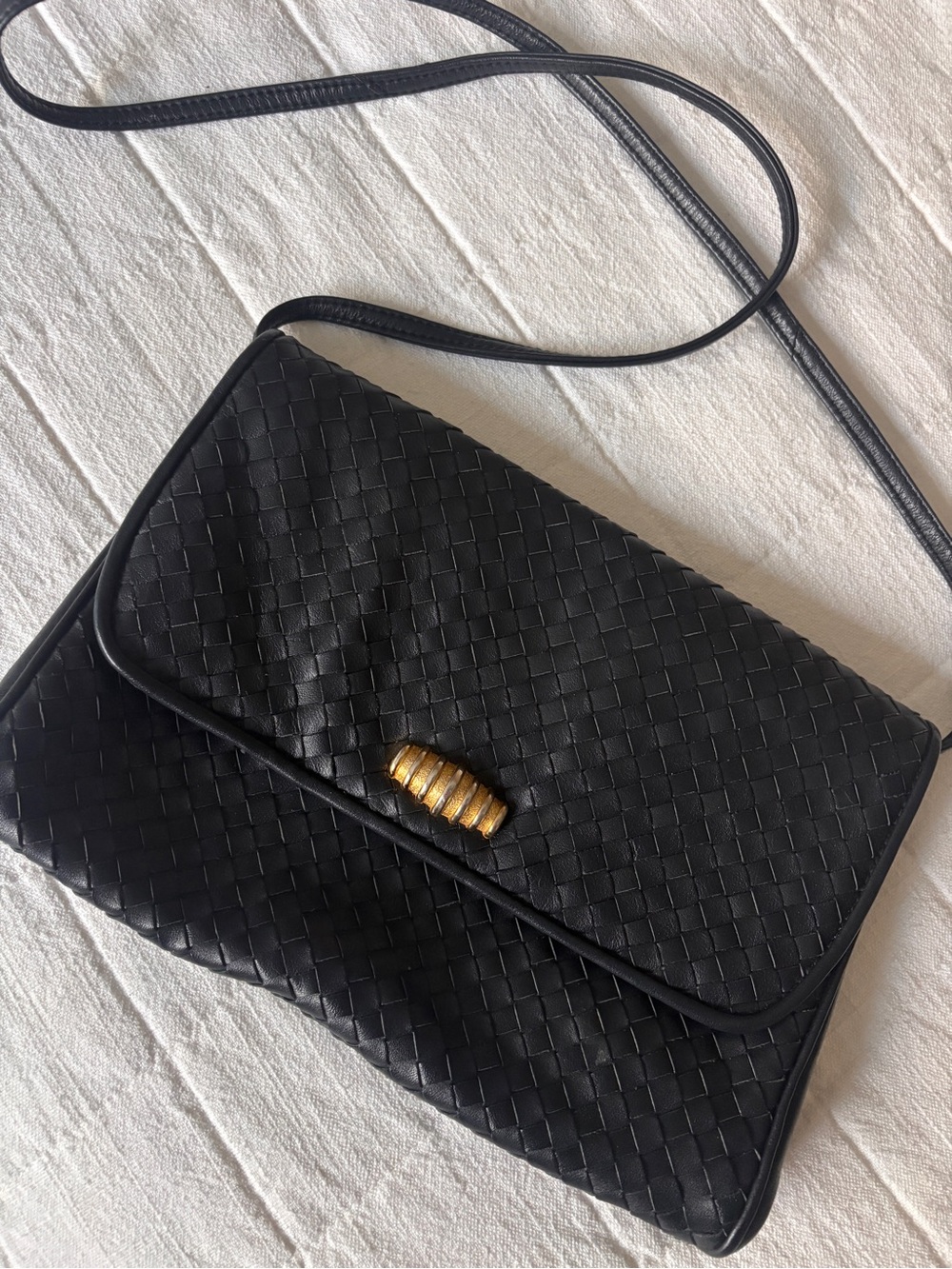 Navy Blue Vintage Woven Leather Crossbody Bag with Gold Accent